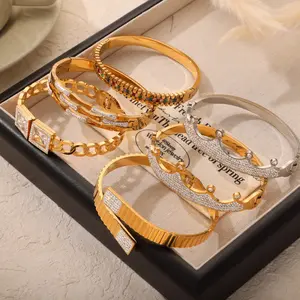 Wholesale Custom Stainless Steel Anti Allergy Zircon Bangle 18k Gold Plated Luxury Bracelets Women Fashion Jewelry