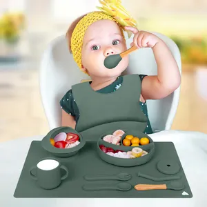 Anak-anak divisi bulat aman tikar mangkuk Bib Cup makanan kelas garpu sendok Bpa gratis piring 7 buah Set hisap silikon makan bayi Set