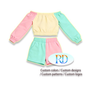 Abbigliamento OEM per <span class=keywords><strong>Bambini</strong></span> per Vacanze, Top <span class=keywords><strong>con</strong></span> Spalle Scoperte 96% Cotone + Pantaloncini, Completo Bambina Estivo Casual Personalizzato <span class=keywords><strong>con</strong></span> Blocchi di Colore - Product Image 2