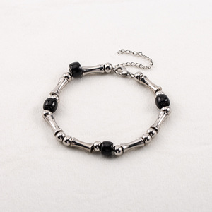 Minimalist Bamboo Joint Titanium Steel Men's <b>Bracelet</b> <b>Adjustable</b> Geometric Design Black Beads Fashion Jewelry - Product Image 1