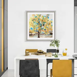 ภาพวาดฝาผนังอีพ็อกซี่เรซิ่นคริสตัลสีเงินใสรูปต้นไม้สีทองแบบแอบสแตรก,กรอบขนาดใหญ่แบบแฮนด์เมด