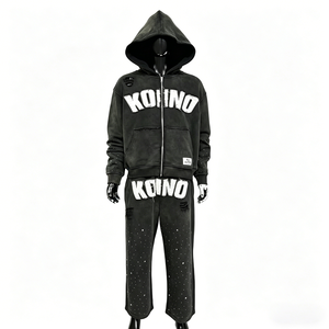 High Quality Custom Blank Baggy <b>Tracksuit</b> Set 500 Gsm Sweatsuit Men's Embroidery Rhinestone Zip-up Hoodie and Sweatpants Set - Product Image 1