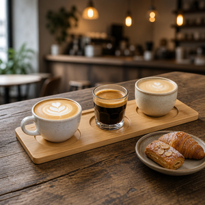 Nachhaltiges rechteckiges Getränke-Tablett aus natürlichem Bambus mit Vertiefungen für Becherhalter zum Servieren von Party-Getränken, Bier-Flights und Kaffee - Product Image 2