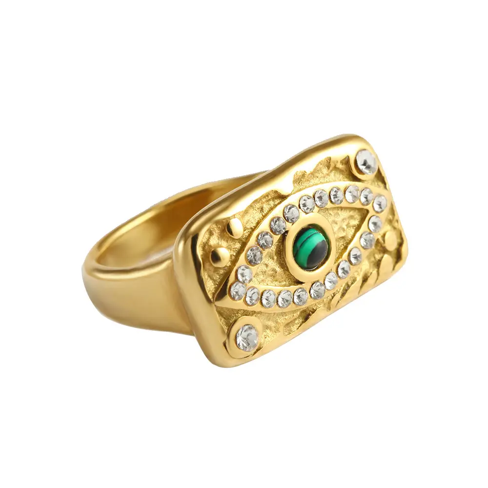 Stainless Steel 18K Gold PVD Plated Personalized Zircon Rectangle Plate Finger Rings Titanium Steel Green Stone Eye Plate Ring
