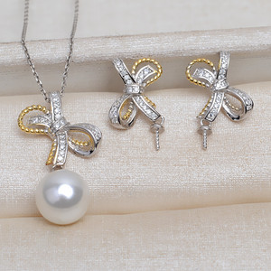 Juego de Pendientes y Colgante de Plata S925 Hechos a Mano con Lazo, Accesorios de Joyería con Perlas DIY de 8-13 mm, Precio 3983 - Product Image 1