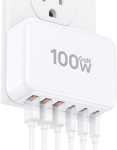 100W USB-C Wall Charger Block 6 Port Fast Charging Plug Adapter with QC USB USB-C Multiport Charging Station for Microphone