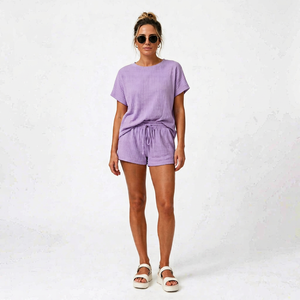 Women's Lavender Ribbed <b>2</b> <b>Piece</b> <b>Set</b> Short Sleeve O Neck <b>Top</b> <b>and</b> Lace Up Shorts - Product Image 1