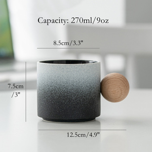 New Cute Round Wooden Handle Matte White Black Ceramic <strong>Coffee</strong> <strong>Mug</strong> with Saucer Coaster Custom Logo - Product Image 6