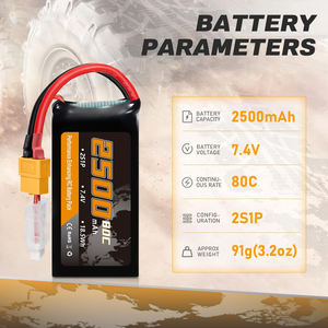 Batería Lipo 2S 2500mAh 7.4V 80C de Alta Tasa de Descarga con Conector XT60 para Dron Cuatricóptero RC FPV - Product Image 2