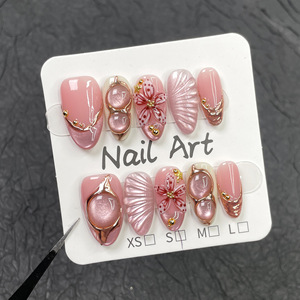 Luxury Handmade 3D Carved French Press On Nails Metallic Cat Eye High Quality False Nails For Dating Formal Occasion - Product Image 2