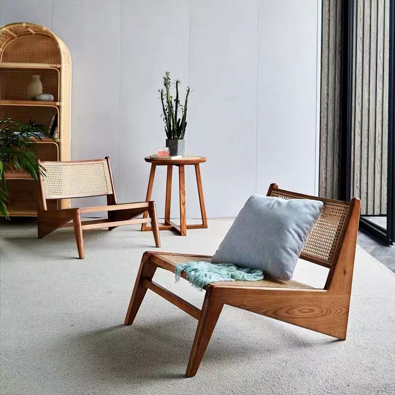 Modern single living room oak wood rattan wicker leisure indoor home furniture lounge chair