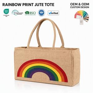 Bolsa de Yute Natural Ecológica, Bolsa de Compras de Arpillera con Estampado de Rayas Arcoíris, Gran Capacidad - Product Image 1