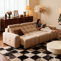 Sofá Cama Eléctrico Artesanal de Tela y Cuero con Estructura de Madera, 2 Plazas, Multifuncional, Estilo Crema, Extensible para Sala de Estar