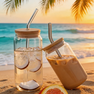 Gobelet à café en verre borosilicate en forme de canette, 500 ml (16 oz), pour thé glacé et café, avec couvercle en bambou et paille – Vente directe usine - Product Image 6