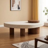 Table basse extensible en travertin nordique avec pieds en bois massif épais, mobilier moderne pour salon en pierre naturelle