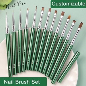 Green Metal Handle Nylon Nail Brush Flat Round Oval Ombre <b>Builder</b> Gel Fine Liner Brush for French Manicure - Product Image 2