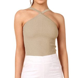 Maglione Sexy senza maniche senza schienale Slim in tinta unita canotta corta <span class=keywords><strong>maglia</strong></span> a coste incrociate - Product Image 6
