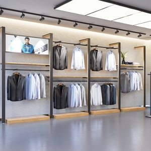 Espositori per Negozio di Abbigliamento Maschile, Scaffali in Acciaio Nero e Legno per Abiti Formali e <span class=keywords><strong>Camicie</strong></span> da Uomo - Product Image 2