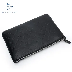 Pochette da uomo all'ingrosso di vendita calda rfid portafoglio in vera pelle busta busta cerniera logo in rilievo pieno pochette nera vintage