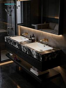 Lavabo Doble Estilo Hotel, de Lujo, con Aspecto de Piedra, Cerámica sin Juntas, Espejo Inteligente, Mueble de Baño - Product Image 5