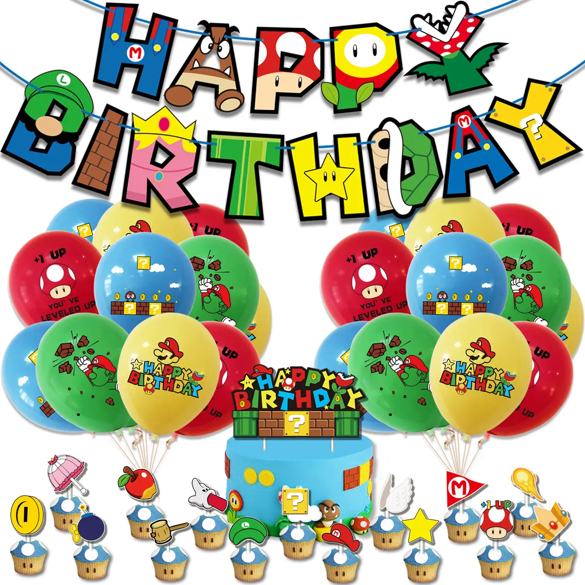 Super Mario Birthday Balloon Set Mario Theme Balloon Flag Bunting Set Game Children's Birthday Party Decoration Birthday K0009