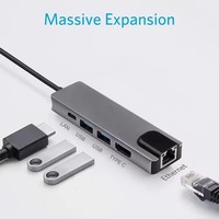 Hub USB 3.0 Type-C 5-en-1 en gros avec Ethernet Gigabit RJ45 2.1 en alliage d'aluminium pour ordinateurs portables/de bureau - En stock