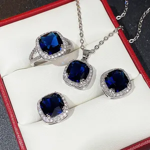 CAOSHI Blue Crystal Zircon Stone for Woman Silver Plated Bridal Wedding Engagement Necklace Earring Rings Jewelry Sets