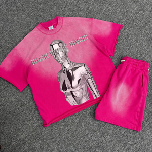 Acid Wash Heavyweight Streetwear Blank Plain <b>Curling</b> Oversized Men Streetwear Printing Customized TShirts and Shorts Sets - Product Image 1