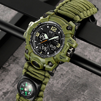 Jam tangan Digital pria, jam tangan tali payung taktis tahan air Multi fungsi, jam tangan Digital Analog tampilan ganda untuk pria