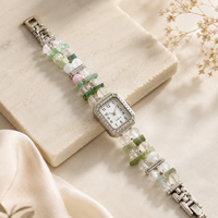Montre-bracelet vintage en argent avec pierres vertes et perles, cadran rectangulaire en quartz et strass pour femme, bijoux, OEM ODM