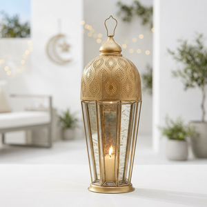 Lanterne à bougie marocaine en métal doré faite à la main avec verre mercure pour la décoration de la maison pendant le Ramadan et les événements 2027 - Product Image 2