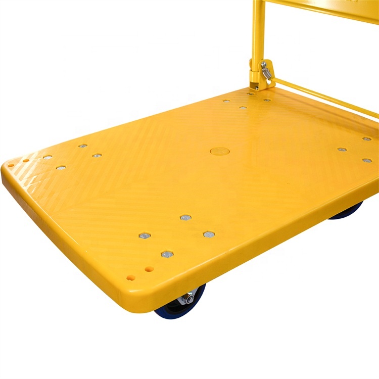 OEM Customizable MS Easy Folding Flatbed Hand Cart Yellow Industrial Four-wheel Folding Platform Trolley Trucks