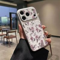Coque de téléphone minimaliste en cuir texturé à motif floral plein écran pour iPhone 16 17 Pro Max avec grande fenêtre et bordure électroplaquée
