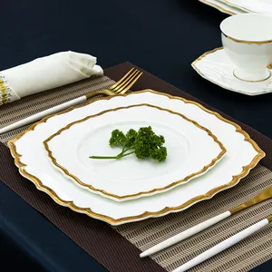 PITO Vaisselle moderne de luxe pour mariage, assiettes, vaisselle en céramique, assiette carrée en porcelaine osseuse, assiette blanche avec bordure dorée