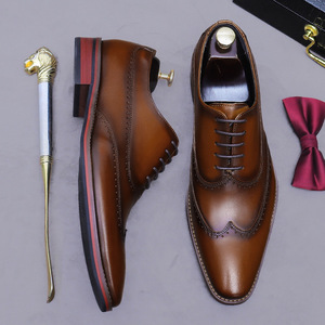 Chaussures en cuir pour hommes de première qualité, style rétro britannique, respirantes, à lacets, bout carré, décontractées et tendance - Product Image 2