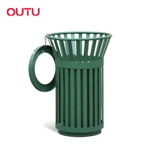 Round Green Full Metal Round Trash Bin Opening Top Commercial Outdoor Garbage Bin For Landscaping