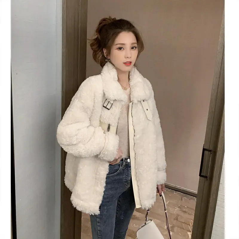 새로운 한국 세련된 여성 몸집이 작은 털이 스탠드 업 칼라 울 폴라 플리스 우아한 겨울 코트 자켓