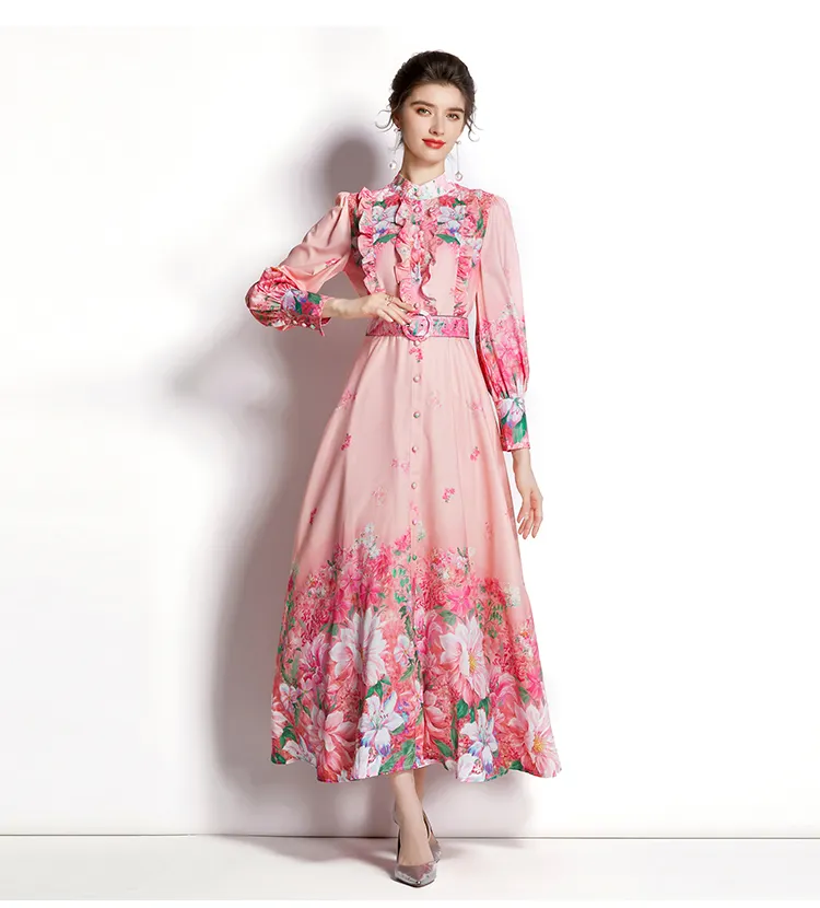 bohemian 2022 spring and autumn beach maxi dress women lantern sleeve swing floral printed long shirt dress