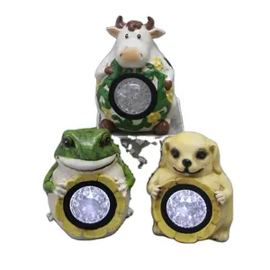Resin Outdoor Statues Farm Cow Dog Frog Holding Led Solar Light Garden Decor 8.5 X 14 X 9.5 Inches White Gift & Craft