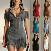 Nouvelle Robe Bohème Rétro en Daim à Franges et Épaules Dénudées Style Western Chic avec Taille Cintrée et Mini-Jupe pour l'Automne 2026