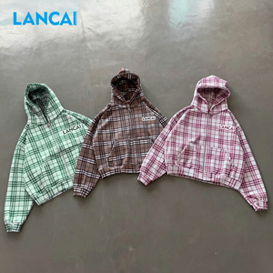 Sweat-shirts à capuche vintage surdimensionnés en coton 100% personnalisés, 350 grammes, avec imprimé à carreaux en flanelle sur les épaules, double fermeture éclair pour hommes - Product Image 1