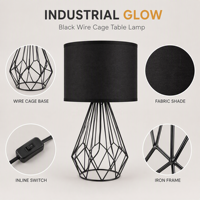 Lampe de table en cage métallique noire avec abat-jour en tissu, interrupteur marche/arrêt intégré, base en fer, lampe de chevet pour chambre à coucher