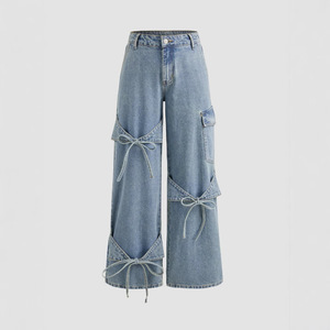 Jean en denim extensible taille haute décontracté et simple pour <span class=keywords><strong>femme</strong></span>, taille XL, <span class=keywords><strong>pantalon</strong></span> <span class=keywords><strong>cargo</strong></span> avec nœud décoratif, couleur claire - Product Image 1