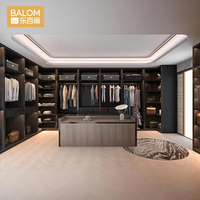 Système de dressing BALOM moderne de luxe en bois foncé avec éclairage LED, résistant à l'eau, taille et couleur personnalisables, îlot central, dressing walk-in