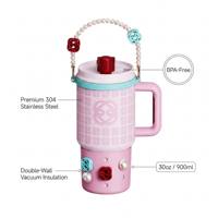 Gobelet isotherme de luxe en acier inoxydable de 30 oz avec poignée à motif quadrillé, couleur personnalisée, paille anti-fuite et décor 3D bonbons, personnalisable, vente en gros