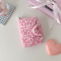 Porte-monnaie en peluche à imprimé léopard rose, joli sac de rangement pour cartes bancaires à double pliage, sac à cartes portable, mini sac