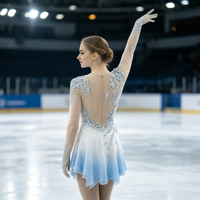 Robe de patinage artistique à manches longues, dégradé blanc et bleu clair, avec strass et maille, pour compétition et spectacle, pour adultes et enfants