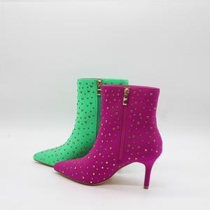 Sepatu bot pergelangan kaki merah untuk wanita HQ1120 sepatu bot pergelangan kaki ujung lancip elegan wanita hak tinggi buram berlian imitasi Stiletto kustom - Product Image 6