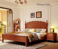 Lit mural en bois massif de style farmhouse mi-siècle, design rétro à tiges avec tête de lit ondulée, taille Queen pour la décoration de chambre