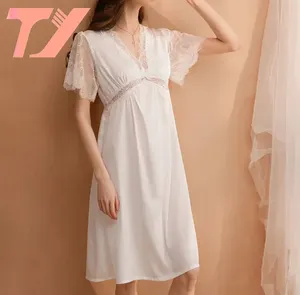 TUOYI Factory Price Pajamas Wholesale Custom Night Sleeping Dress ice silk lace womens lounge wear Night Gown For Ladies